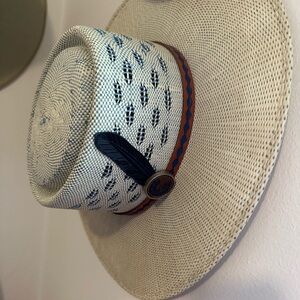 Cream and Blue Patterned Straw Hat